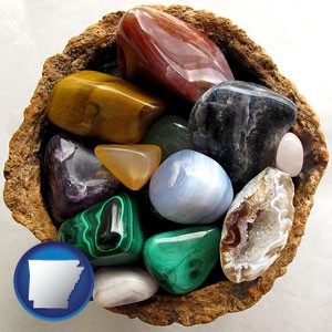 an assortment of polished gemstones - with Arkansas icon