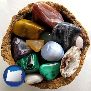 an assortment of polished gemstones - with Oregon icon