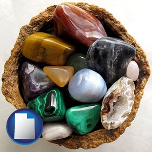 an assortment of polished gemstones - with Utah icon